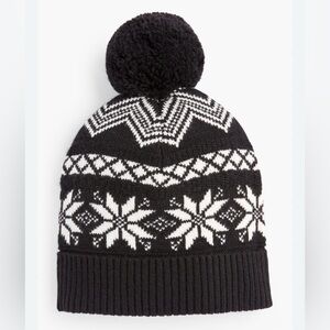 Talbots Women’s Snowflake Fair Isle Cotton Blend Pom Pom Hat Black/White NWOT